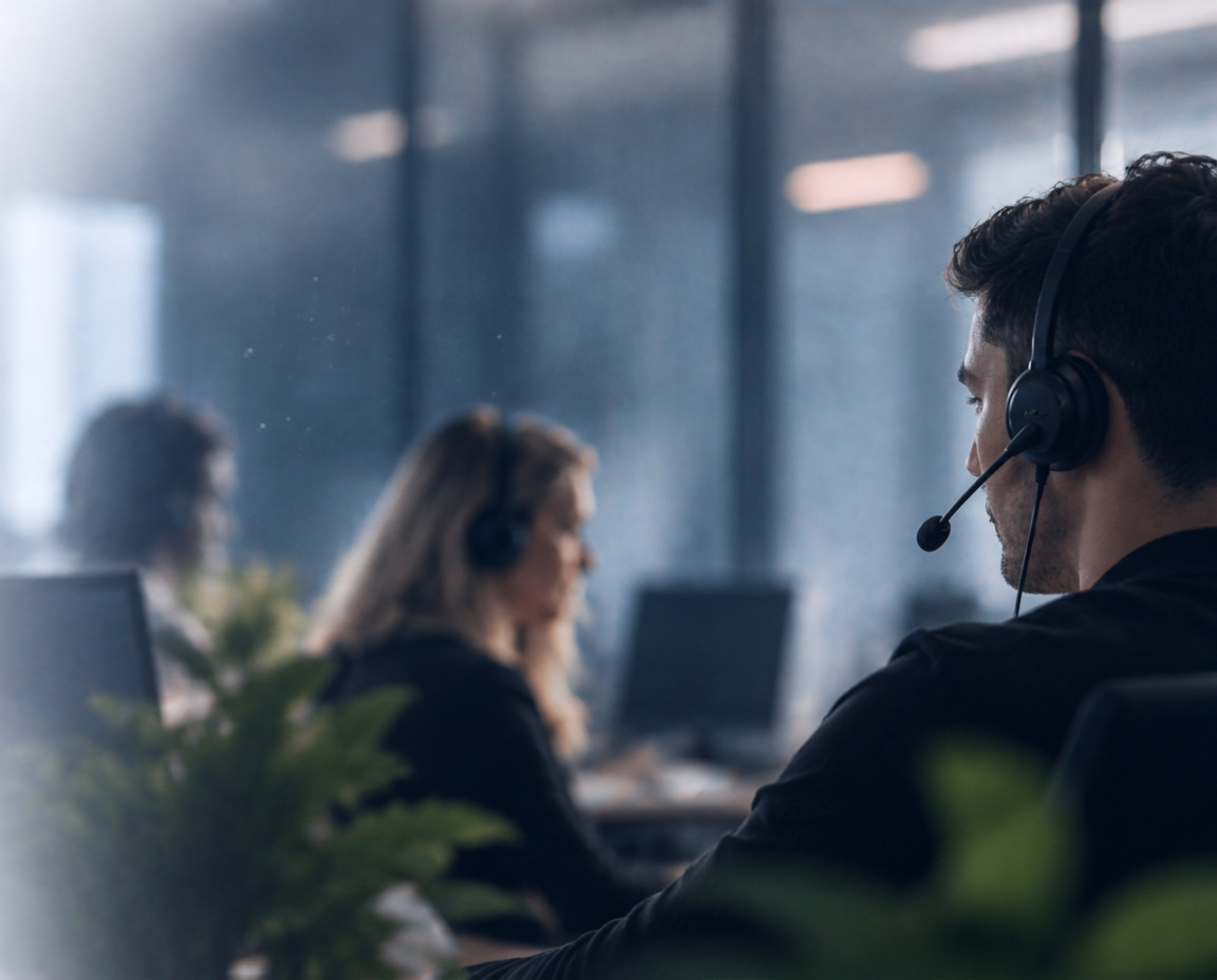 RevMedias säljare arbetar med headset på kontoret
